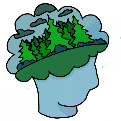 a light blue head. the top half has a cloud shape over it. in the cloud shape is a group of pine trees on dark green grass, with a blue sky and dark grey clouds